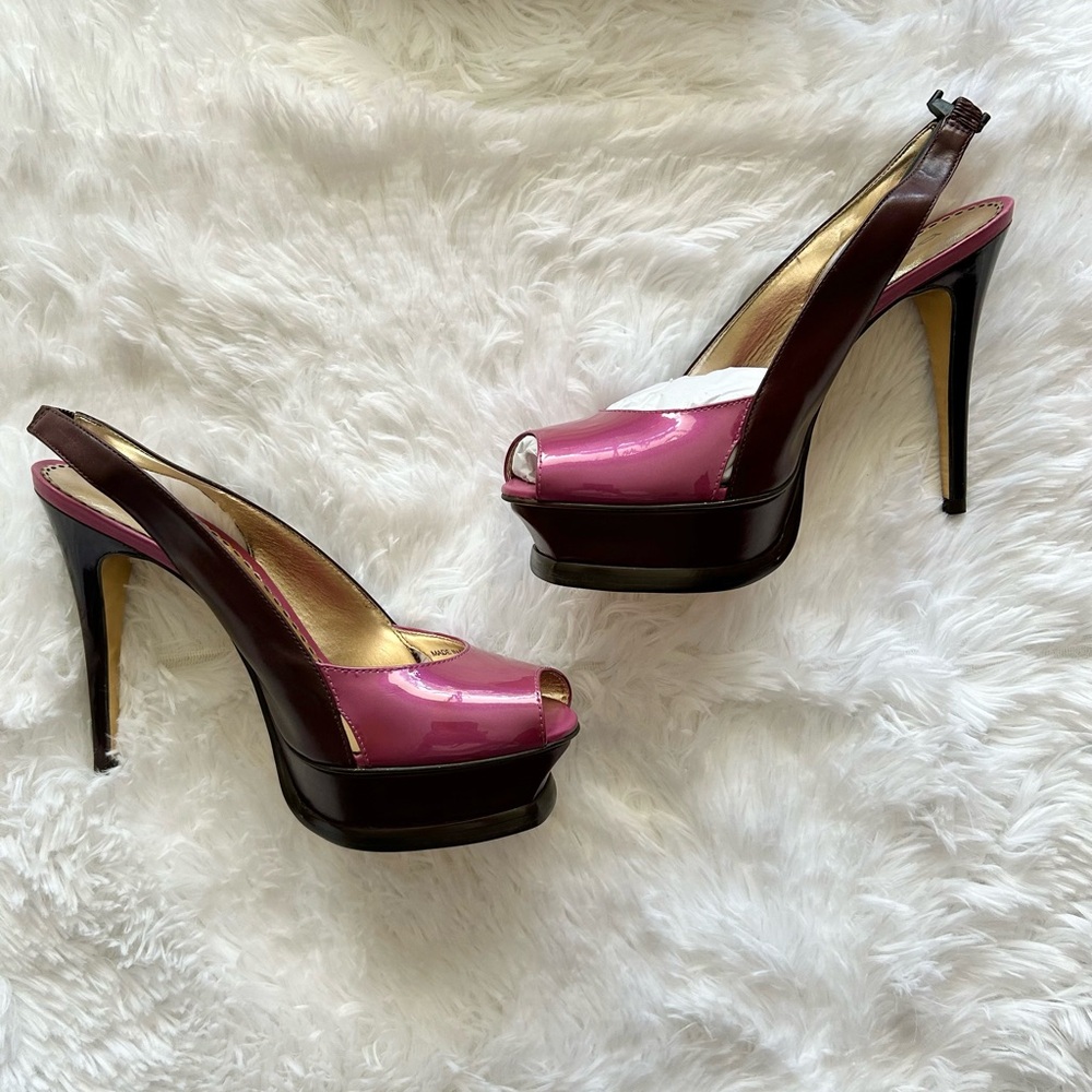 ✨Brand New✨Bebe✨Zahara Sexy Brown Leather / Pink Patent Platform Pumps - Size 7